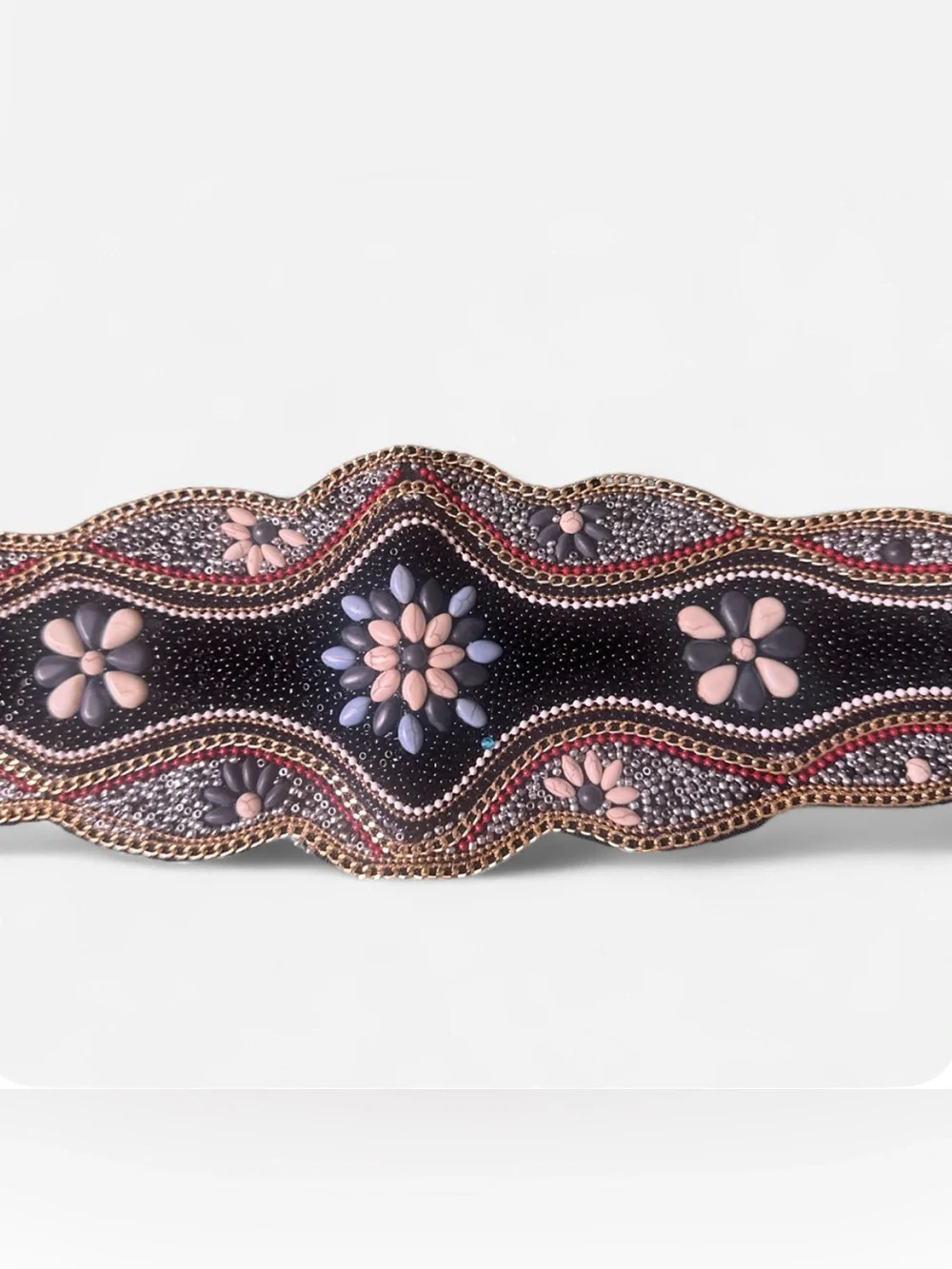 Embellished Floral Beaded Waist Belt - Black and Pink